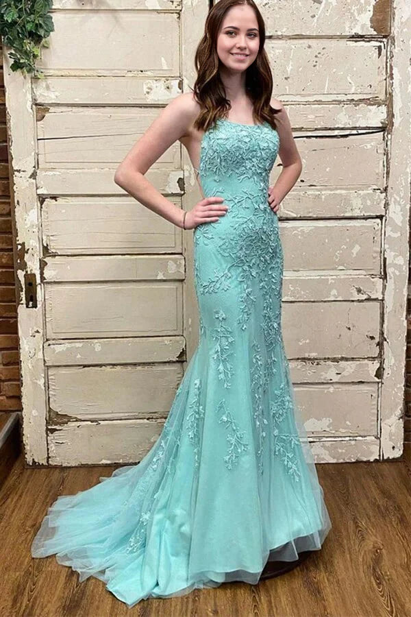 Vestido de fiesta de sirena de tul con escote redondo y cordones en la espalda